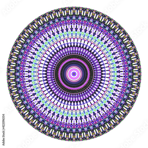 Creative multicolored points round symbol. Abstract symmetrical logo. Mosaic colorful beautiful beads. Circle dots modern pixel floral art icon. Colored pattern ornament wheel decorative illustration.