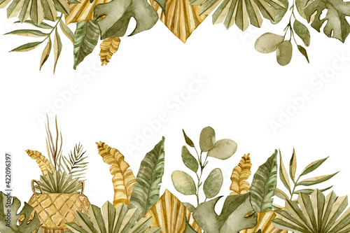 Tropical elegant pastel frame arranged from exotic and dried palm leaf. Design vector. Paradise plants chic card. Stylish fashion banner. Wedding template. All leaves are not cut.Isolated and editable