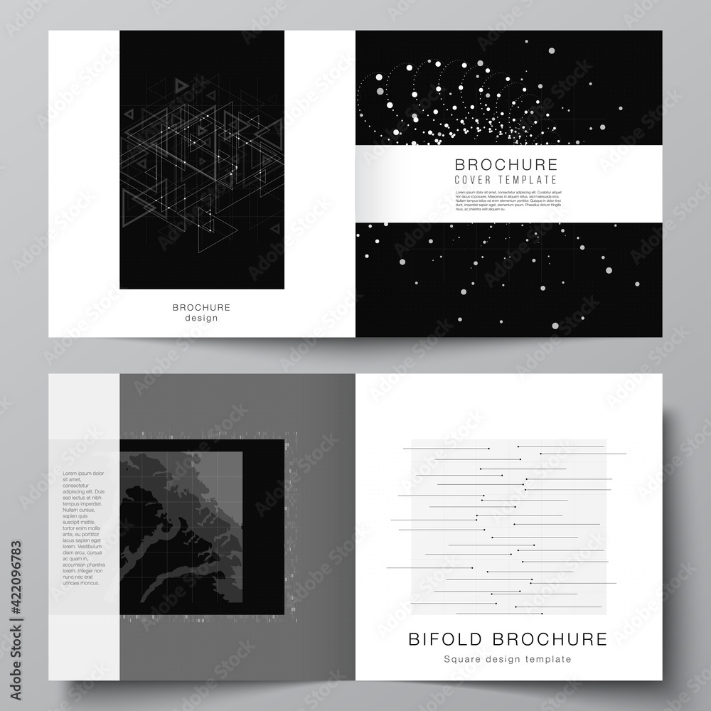Vector layout of two covers templates for square bifold brochure, flyer, cover design, book design, brochure cover. Abstract technology black color science background. Digital data visualization.