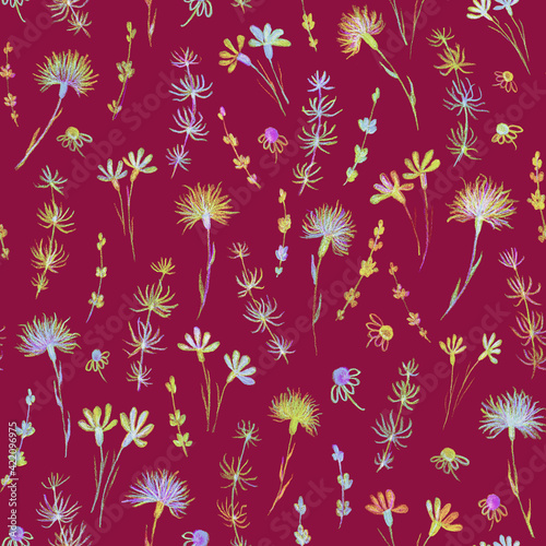 Flowers seamless pattern. Hand-drawn pencil drawing. Botanical illustration. Background for header, image for blog, decoration. Design of wallpaper, textiles, fabrics.