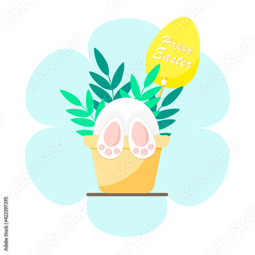 Happy easter rabbit paws in pot with leaves and yellow egg.Cute holiday composition on blue flower.Vector illustration.