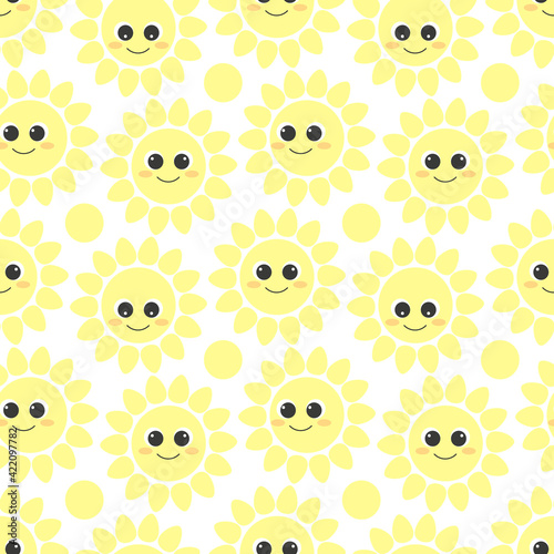 Cute funny kawaii yellow suns with big eyes and smile. Cartoon sunny seamless pattern,isolated on white background.Vector © Elena Nikolaeva