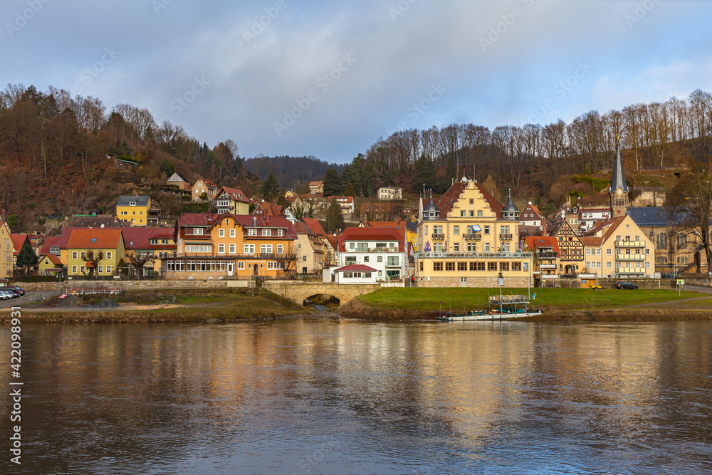 Panorama view of Stadt Wehlen on the Elbe river side near Saxon Switzerland National Park, on a sunny winter day in Saxony, Germany