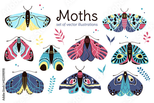Vector set of moth illustrations, flat decorative children style
