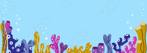 Ocean narrow banner with copy space. Cartoon seaweed, fantasy coral, air bubbles on blue background. Hand drawn childish illustration on marine theme. Flat vector template
