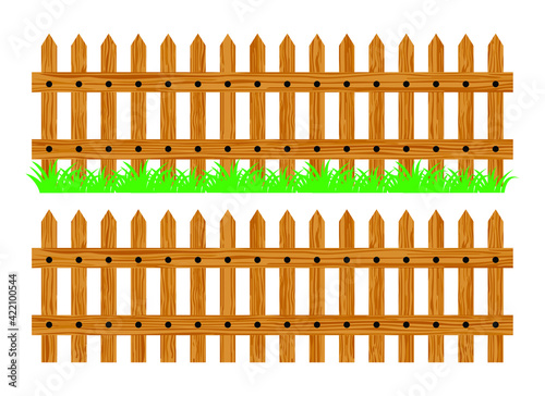 Illustration of fences and gates on a white background. fence design on white background. Boundary for farm or country house. Vector wood elements for design. Wooden fence with grass.