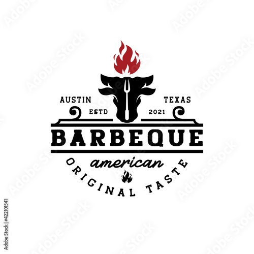 Texas Barbecue Logo. Vector illustration emblem design on white background. Creative combination cow and fire logo design. Modern and classic logo combination.
