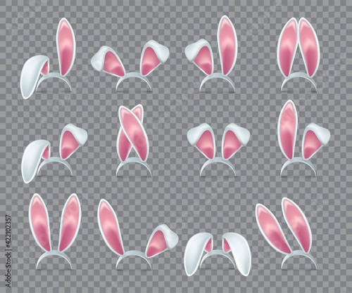 Rabbit ears realistic 3d vector illustrations set. Easter bunny ears kid headband, mask collection. Hare costume pink cartoon element. Photo editor, booth, video chat app color isolated cliparts.
