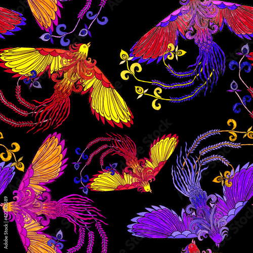 Creative seamless pattern with hand drawn chinese art elements: dragon, phoenix and flowers. Trendy print. Fantasy chinese print, great design for any purposes. Asian culture. Abstract art.