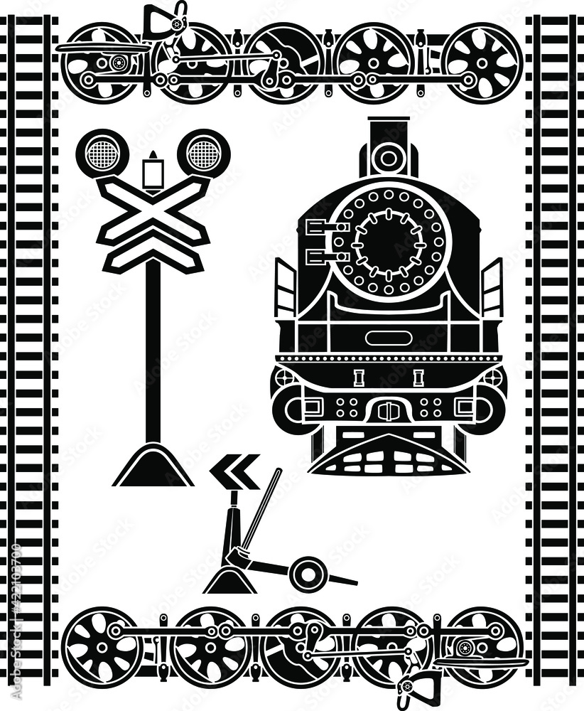 Large set of railway stencils, locomotive, rails, semaphore, locomotive wheels