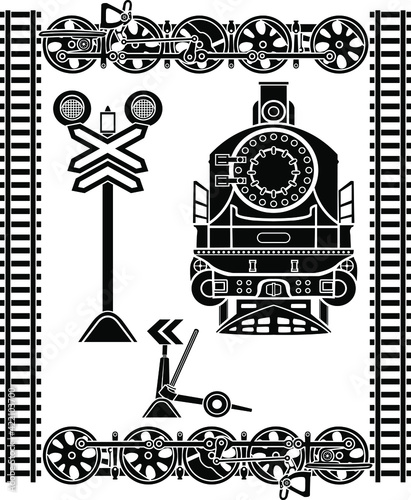 Large set of railway stencils  locomotive  rails  semaphore  locomotive wheels