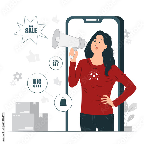 A Woman, a girl, Female Influencer doing Mobile marketing concept illustration