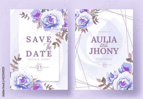 Elegant wedding invitation card set template with beautiful floral and leaves