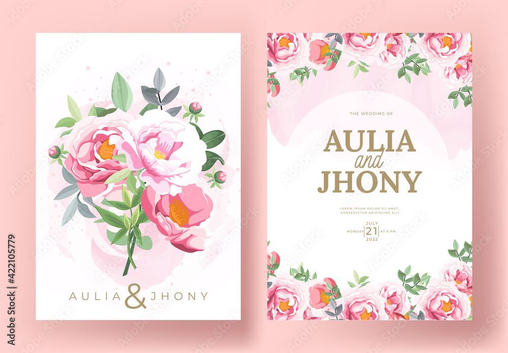 Elegant wedding invitation card set template with beautiful floral and leaves