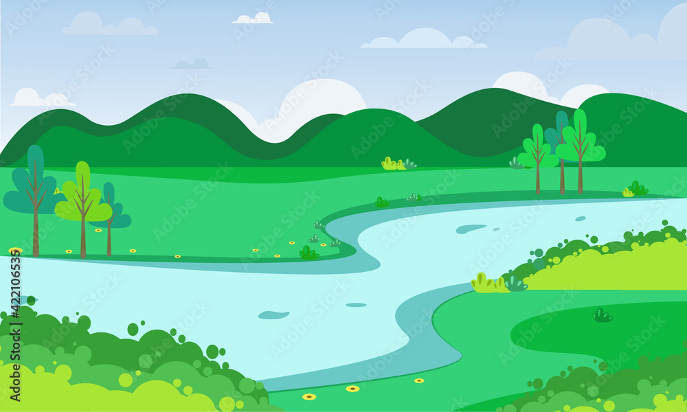 Vector illustration of a beautiful nature landscape with river.