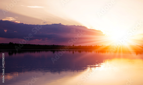 scenic evening red sunset on the lake