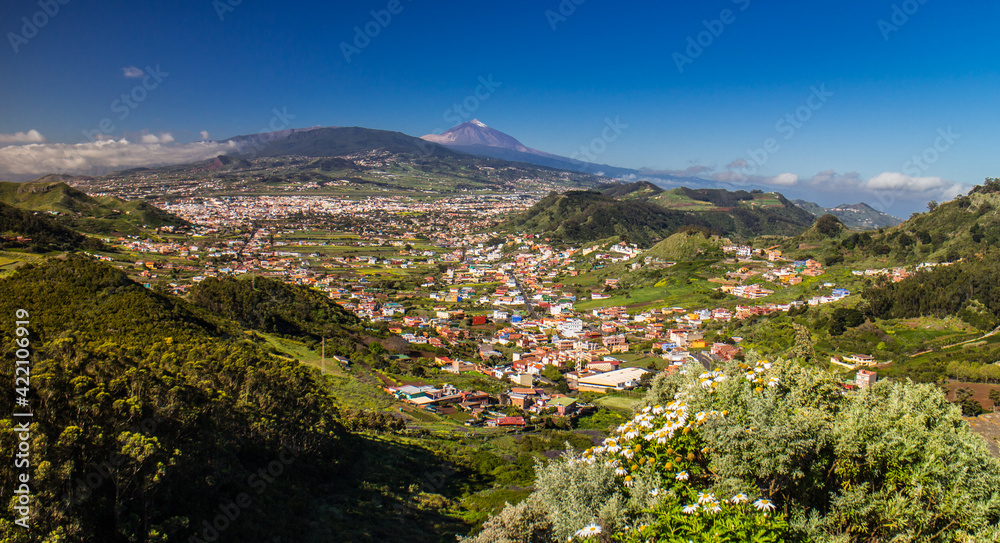 View of San Cristobal de La Laguna and Pico del Teide on Tenerife Canary Islands