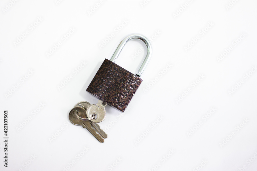 Open padlock on white background. Broken lock. Security and hacking. Brown padlock.