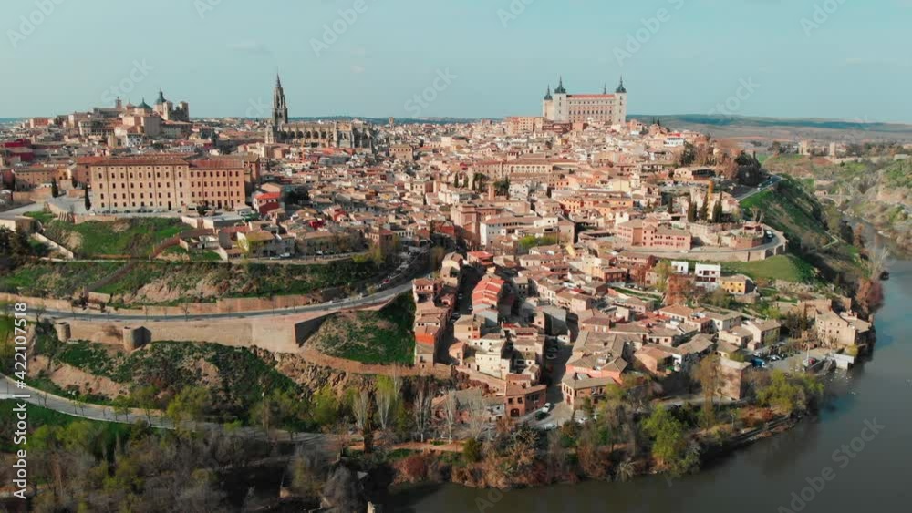 Aerial panoramic drone point of view historical city of Toledo. Castilla–La Mancha, declared World Heritage Site by UNESCO. Travel and tourism, famous tourist attraction place concept. Spain. Europe Aerial panoramic drone point of view historical city of Toledo. Castilla–La Mancha, declared World Heritage Site by UNESCO. Travel and tourism, famous tourist attraction place concept. Spain. Europe