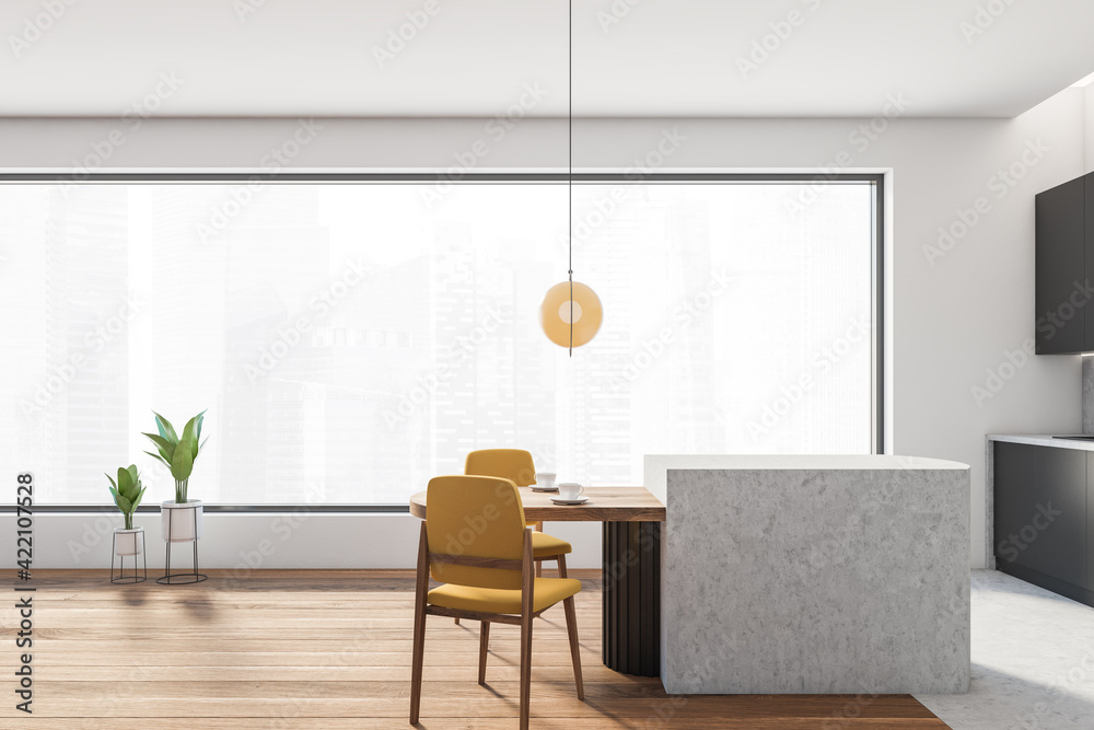 Fototapeta premium Living room interior with eating table and kitchen set