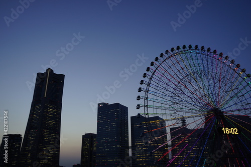 Cityscape of Yokohama Minatomirai city at sunset  Japan -                                 