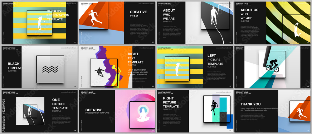 Presentation design vector templates, multipurpose template for presentation slide, brochure cover design. Abstract colored sport backgrounds in unique style for sport event, fitness design. - obrazy, fototapety, plakaty 