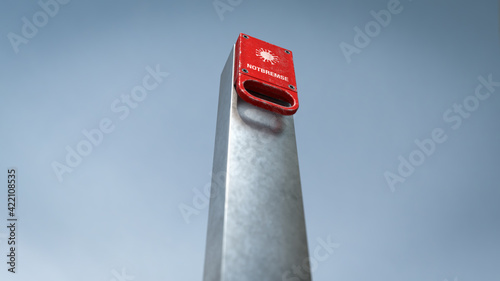 Untersichtige rote Corona Notbremse mit Handgriff rückt in die Fern vor einem unscharfen Hintergrund 
 (ID: 422108535)