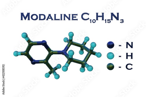 Structural chemical formula and molecular model of modaline, a potent monoamine oxidase (MAO) inhibitor that used as antidepressant. 3d illustration photo
