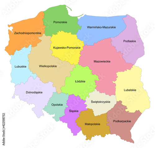 Carte de Pologne avec repr  sentation des provinces - Libell  s des provinces en polonais - Textes vectoris  s et non vectoris  s sur calques s  par  s