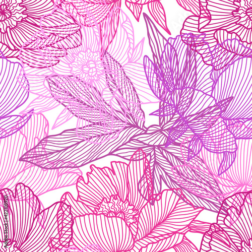Seamless pattern with linear peonies. Beautiful decorative summer flowers.