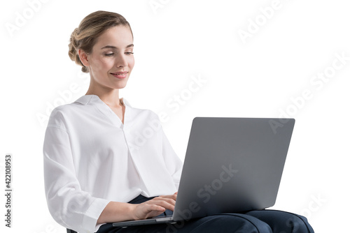 Young businesswoman with laptop, isolated over white background