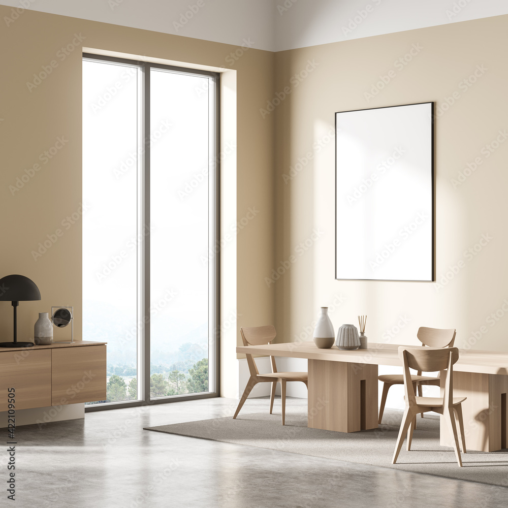 Beige living room interior with furniture and window, mock up - obrazy, fototapety, plakaty 