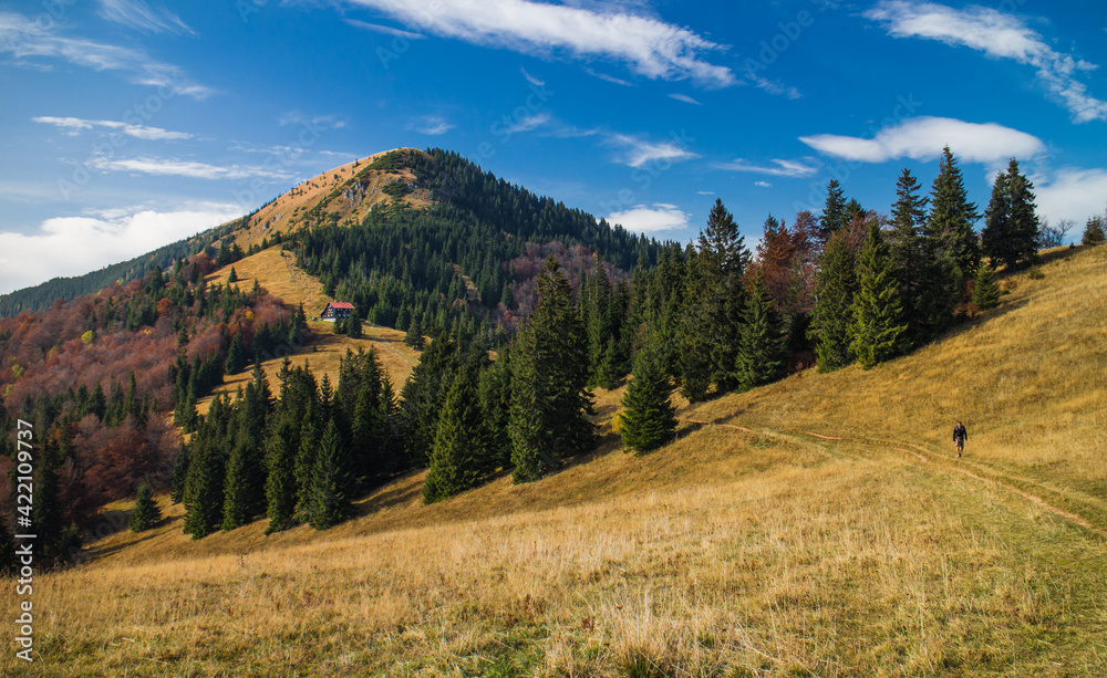 Hiker hiking nearby Borisov mountain in autumn in Slovakia