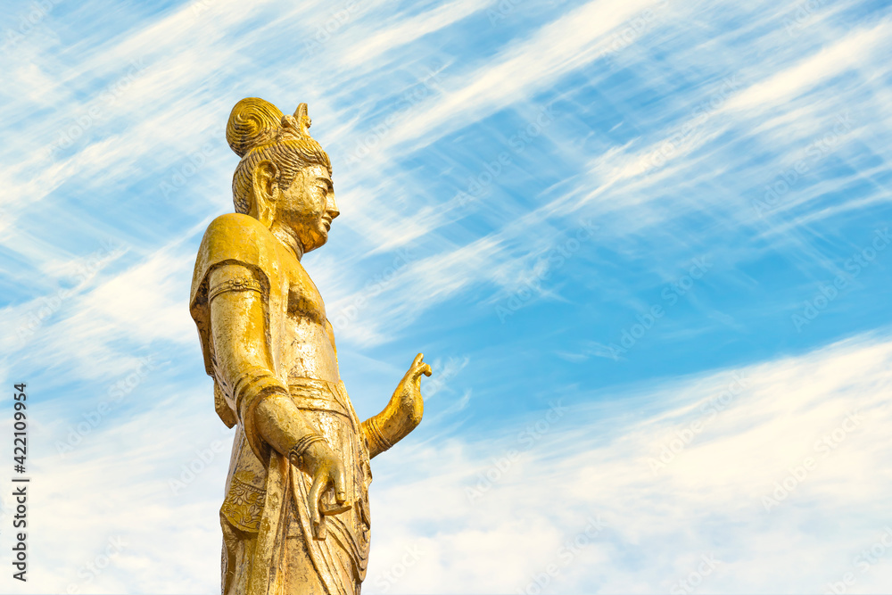 Fototapeta premium Side view of the Buddhist golden statue of Kishou Kanzeon bodhisattva or kannon bosatsu on a sky background in the zenshoan zen temple of Yanaka created by Yamaoka Tesshu.