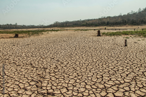 The drought land texture in Thailand. The global shortage of water on the planet. Global warming and greenhouse effect concept.