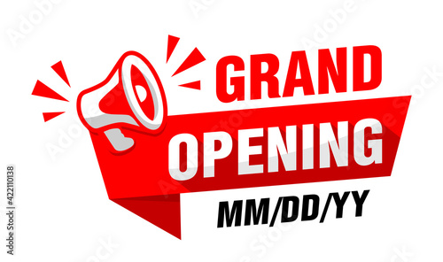 Grand opening business or office. Red advertising sticker with megaphone and date of event. Vector on transparent background