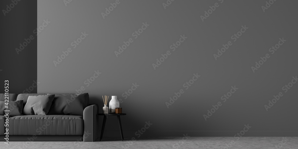 Living room interior with black sofa and empty grey wall Stock Photo ...