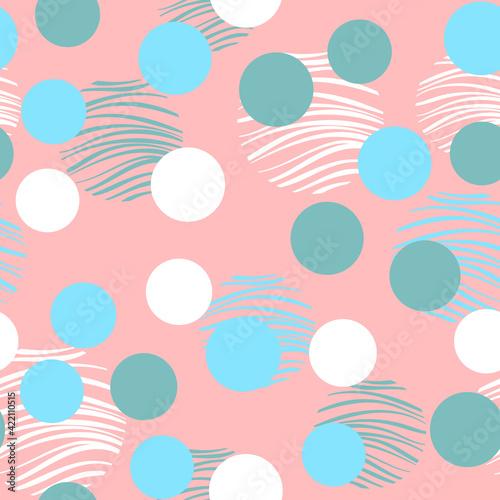 Trendy abstract seamless pattern with white, blue, green circles on a coral background. Seamless vector texture. Design for fabric, paper, packaging
