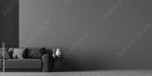 Fototapeta Naklejka Na Ścianę i Meble -  Living room interior with black sofa and empty grey wall