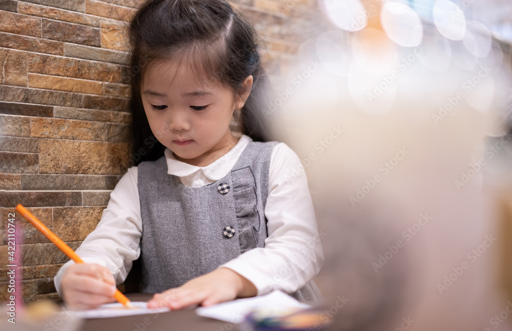 Back to school. Happy smiling pupil drawing at the desk. Cute little preschooler child drawing at home. Kid girl drawing with pencils Back to school. Happy smiling pupil drawing at the desk. Cute little preschooler child drawing at home. Kid girl drawing with pencils