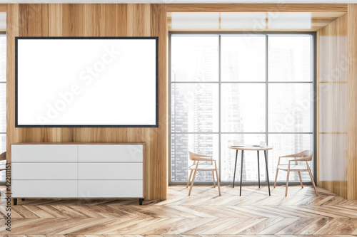 Wooden cafe interior with two seats and table near window, mockup poster