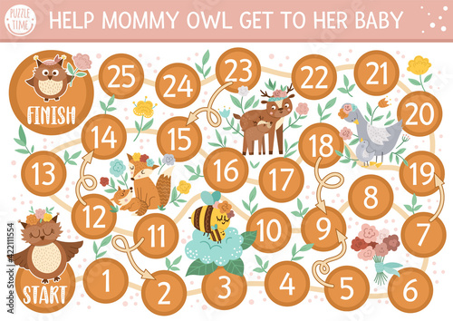 Mothers day dice board game for children with cute animals. Educational holiday boardgame with mother and baby owl, goose, deer, fox. Family love educational activity. Printable worksheet .