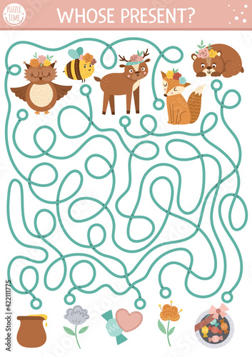 Mothers day maze for children. Holiday preschool printable educational activity. Funny family love game or puzzle with cute animals and gifts. Mother and baby labyrinth. Whose present worksheet .