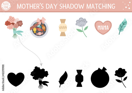 Mothers day shadow matching activity for children with presents and holiday symbols. Fun spring puzzle. Family love game for kids. Find correct silhouette printable worksheet. .