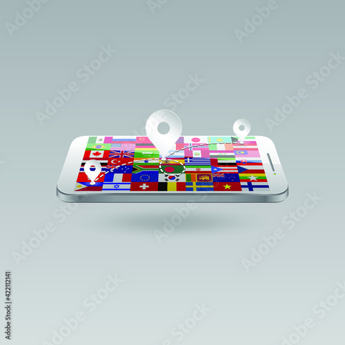 Tourism around the world. Travel and route icon on national flags in a mobile phone. Recreation, entertainment, routes to all continents. Isolated object. Vector illustration.