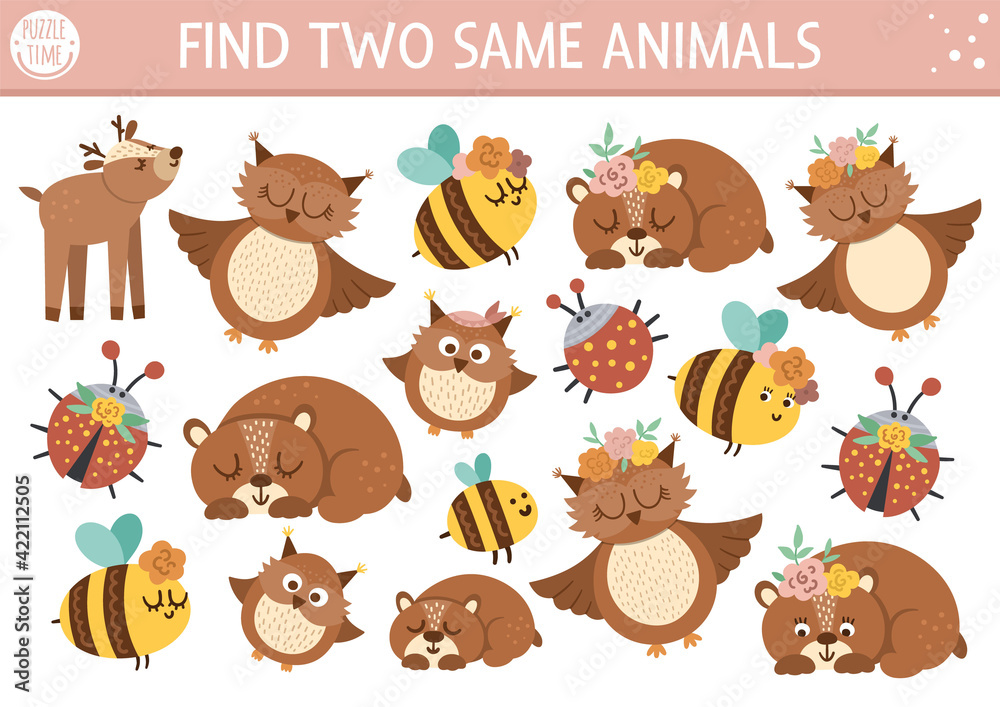 Obraz premium Find two same animals. Mothers day matching activity for children. Funny spring educational logical quiz worksheet for kids. Simple printable game with cute baby animals and their mothers.