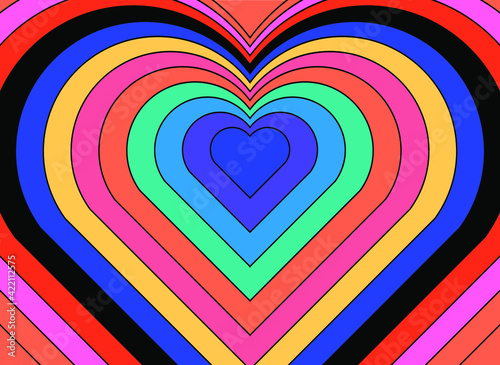 Hypnotic heart shaped tunnel. Rainbow retro wallpapper in the mood of the psychedelic 70's.