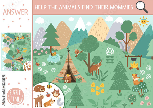Vector Mothers day holiday searching game with cute baby and mother animals in the forest. Find hidden mamas in the picture. Simple fun spring educational printable activity for kids.