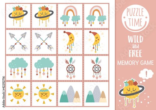 Vector wild and free memory game cards with planet, mountains, arrows. Matching activity with cute characters. Remember and find correct card. Simple ethnic printable worksheet for kids. .