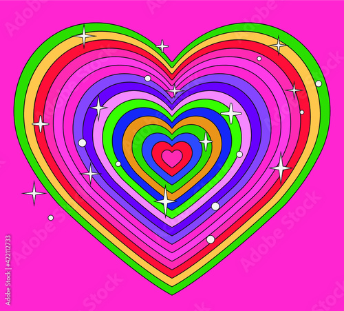 Hypnotic heart shaped tunnel. Rainbow retro wallpapper in the mood of the psychedelic 70's.